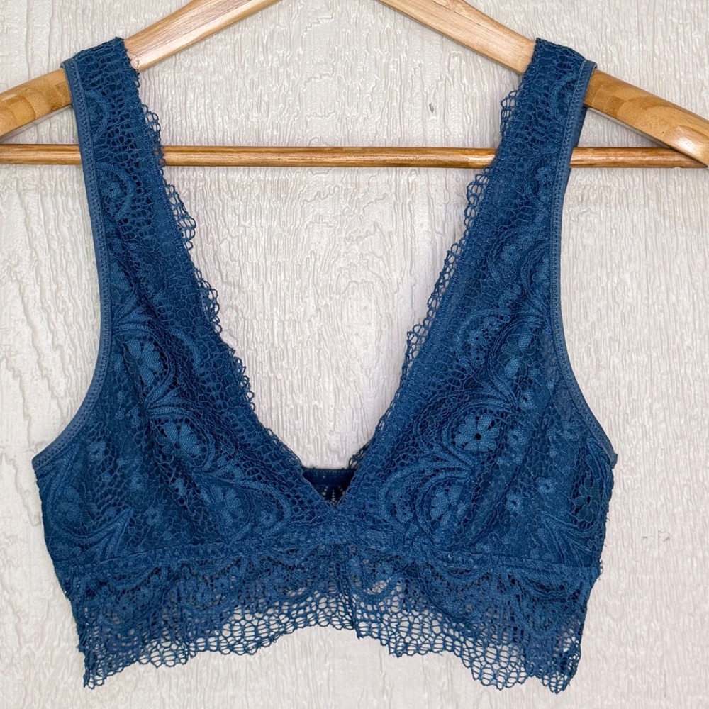 Free People Adella Lace Bralette Teal Blue Boho V-Neck Strappy Cami Bra Medium